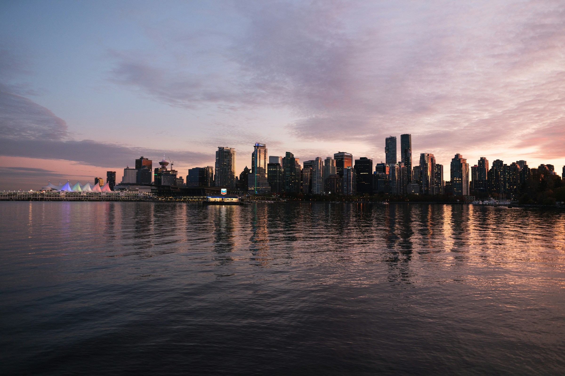 Vancouver waterfront skyline at sunset